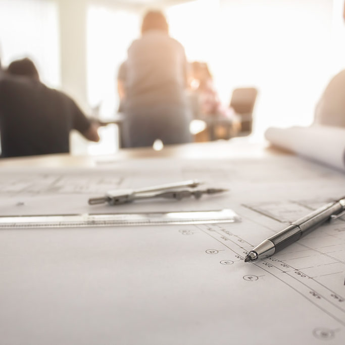 Image of engineering objects on workplace top view.Construction concept. Engineering tools.Vintage tone retro filter effect,soft focus(selective focus)